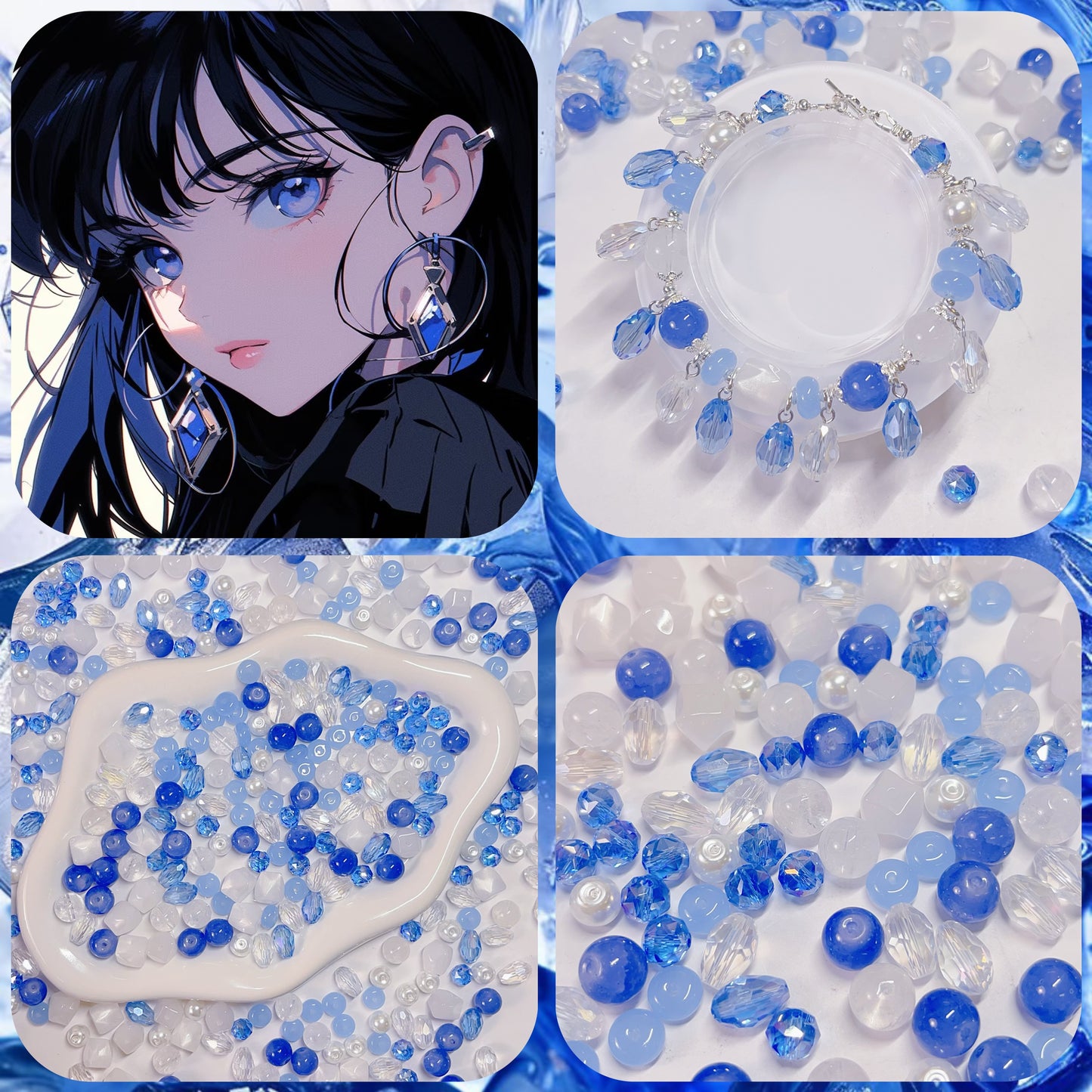 【BZ 470】クラインブルー瞳ー高品質ガラスビーズ&天然石(クリスタル)&メッキ加工希土晶晶&アクリルビーズ