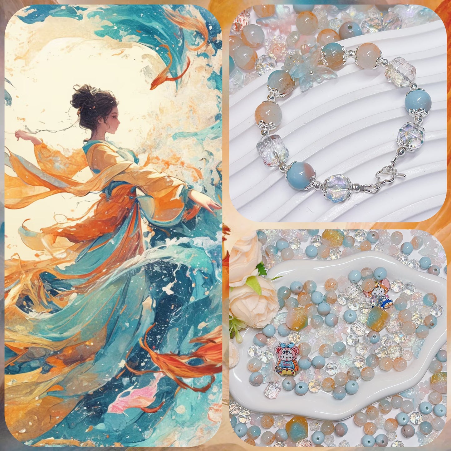 【BZ 367】雲上での踊りー高品質ガラスビーズ&柔らかい素材フラワー（夜光）&スターライトビーズ（希土晶晶）&アクリルビーズ&チャーム