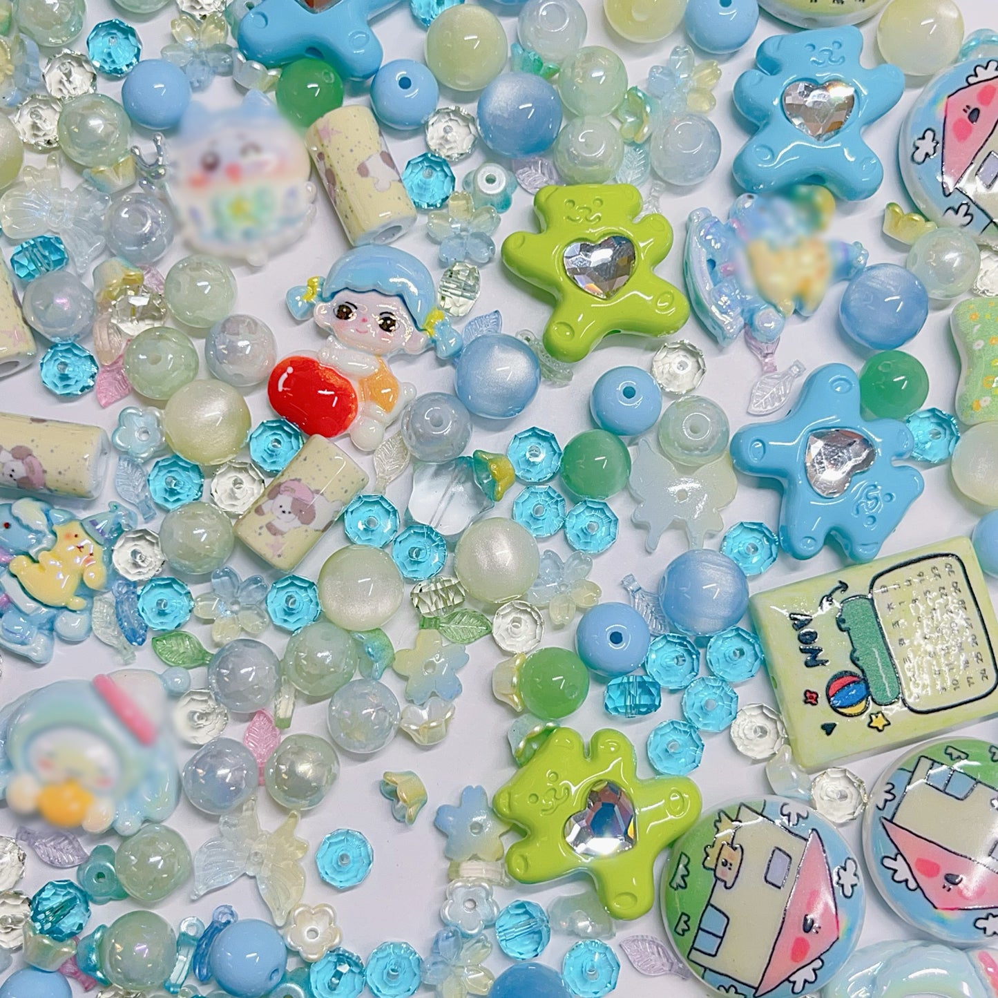 【BZ 395】癒し時間ー高品質アクリルビーズ&レジンビーズ（一部夜光）&希土晶晶&キャツアイ&イラストビーズ&キラキラストーンビーズ（プレゼント付き）