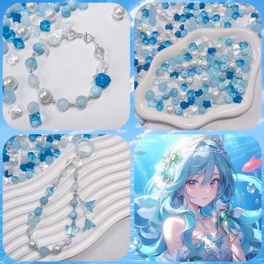 【BZ 407】海の心ー高品質ガラスビーズ&スターライトビーズ&希土晶晶&アクリルビーズ&レジンビーズ（一部夜光）&柔らかい素材フラワー（夜光）