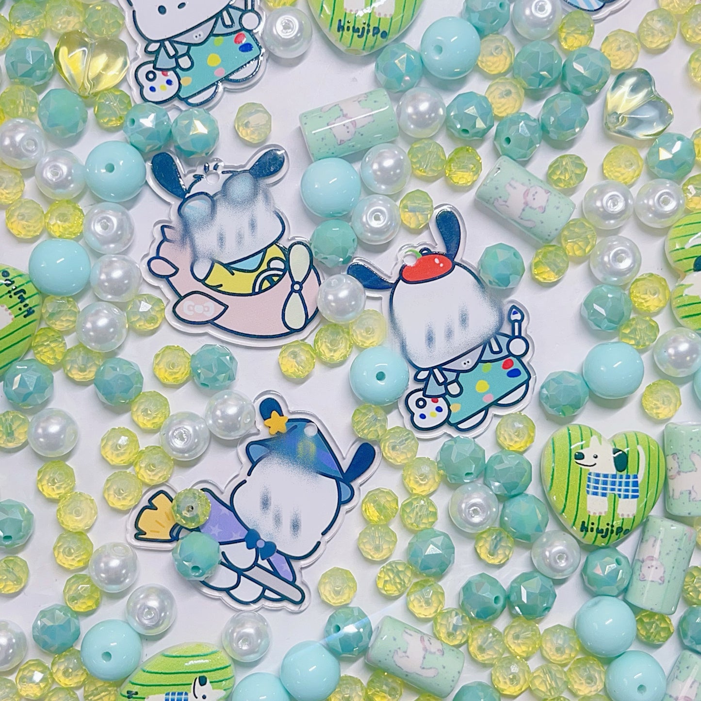 【BZ 414】ハッピーポチャチャー高品質ガラスビーズ&アクリルビーズ&希土晶晶&イラストビーズ&チャーム