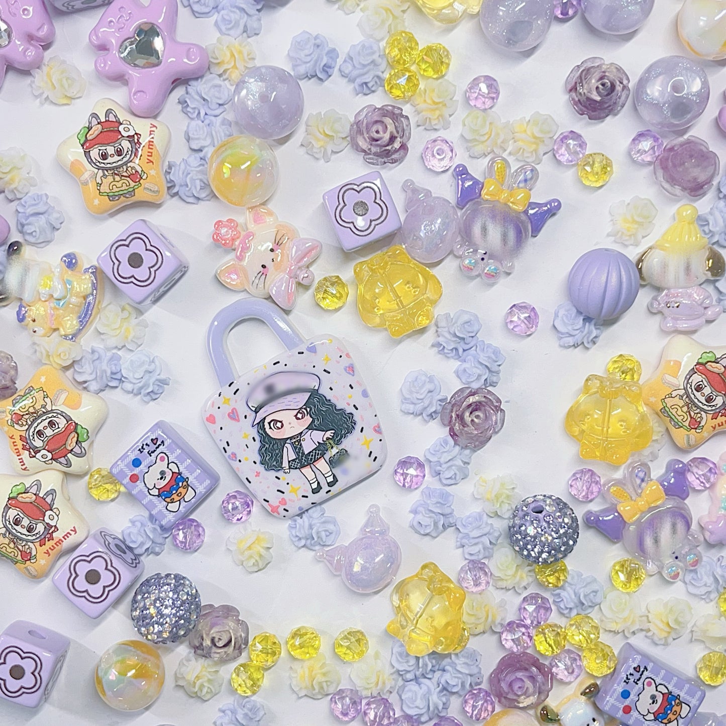 【BZ 431】夕日のラベンダーー高品質アクリルビーズ&イラストビーズ&カラーチェンジアクリルビーズ&レジンビーズ&希土晶晶&キラキラストーンビーズ&柔らかい素材フラワー（夜光）（プレゼント付き）