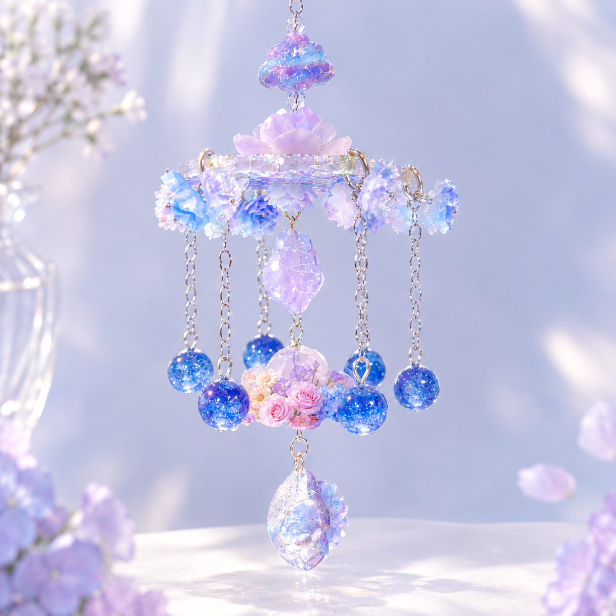 【BZ 1205】美しい紫陽花ー高品質樹脂ビーズ&分厚いアクリルビーズ&レリーフ加工ビーズ&レジン蝶々ビーズ&ヒートン付チャーム&ソフト夜光薔薇（一部穴あり）　綺麗　大人系ーNEW